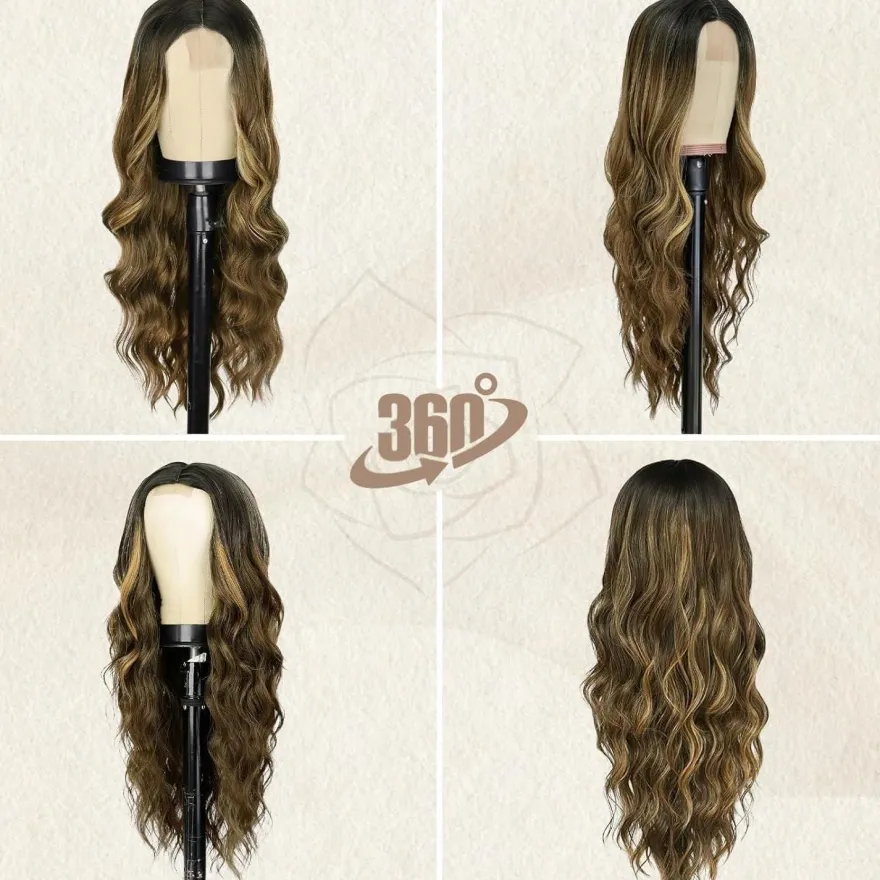Barsdar Lange Wellige Blond Highlight Perücke 66cm Mittelscheitel Lockig
