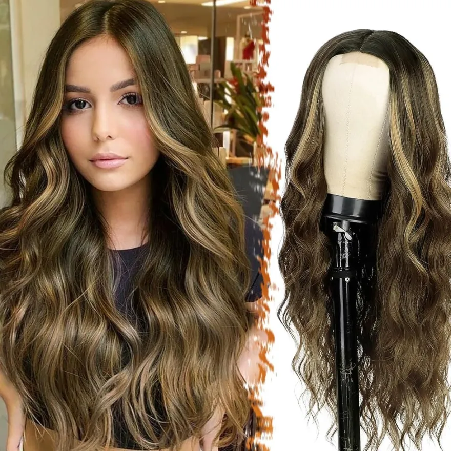 Barsdar Lange Wellige Blond Highlight Perücke 66cm Mittelscheitel Lockig