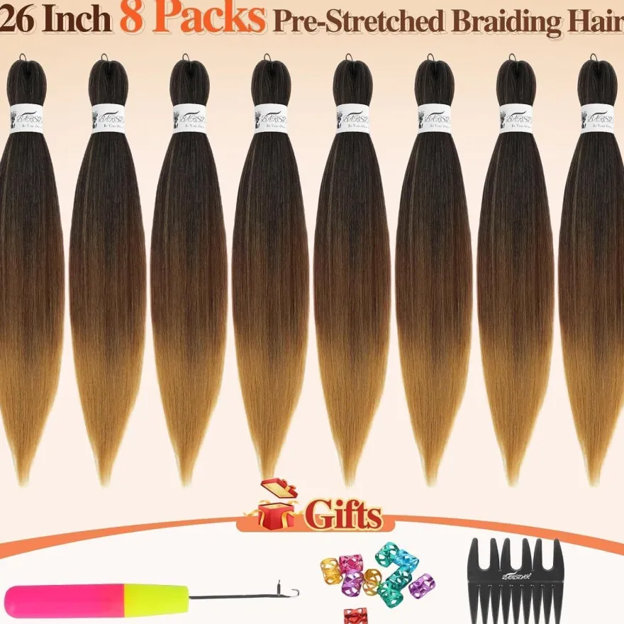 Barsdar Pre Stretched Braiding Haare, 66cm, 8 Packs Ombre Haarverlängerungen