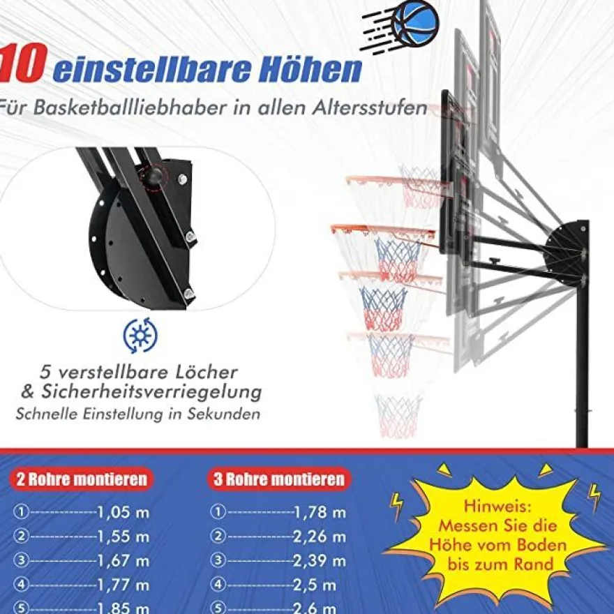 Basketballständer 228-265 cm höhenverstellbar, Basketballkorb mit Ständer & 2 Rädern