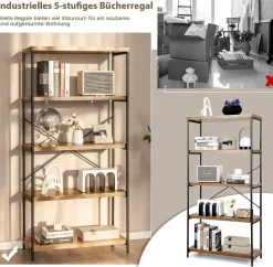 Bücherregal mit 5 Ebenen, Standregal mit Metallrahmen, freistehendes Regal, Büroregal