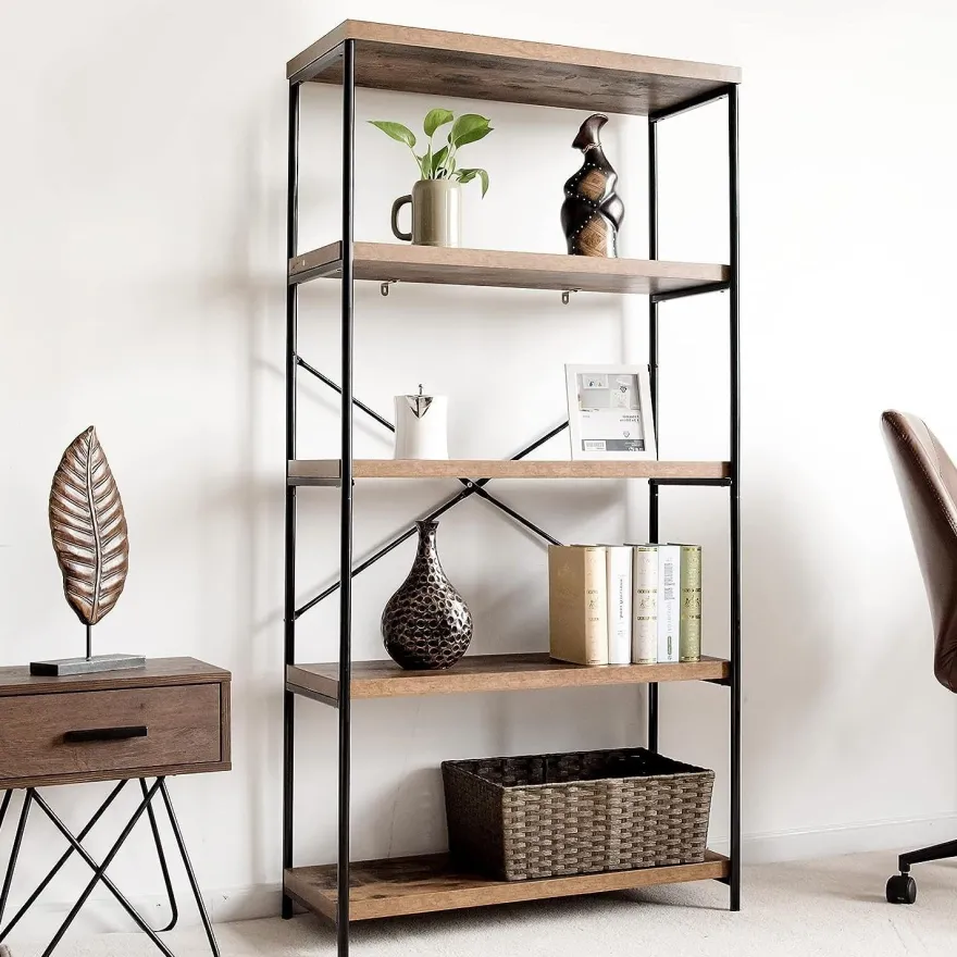 Bücherregal mit 5 Ebenen, Standregal mit Metallrahmen, freistehendes Regal, Büroregal