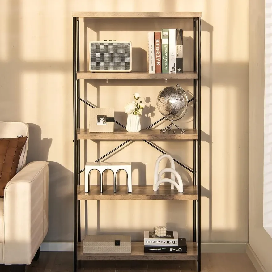 Bücherregal mit 5 Ebenen, Standregal mit Metallrahmen, freistehendes Regal, Büroregal