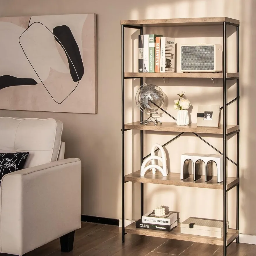 Bücherregal mit 5 Ebenen, Standregal mit Metallrahmen, freistehendes Regal, Büroregal
