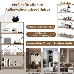 Bücherregal mit 5 Ebenen, Standregal mit Metallrahmen, freistehendes Regal, Büroregal