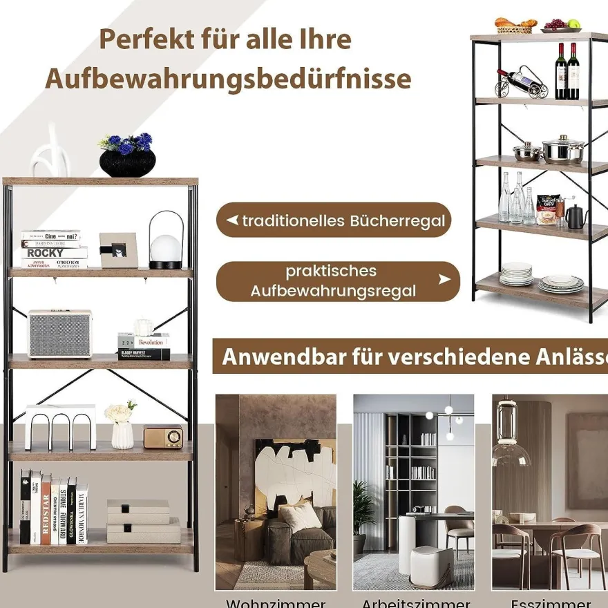 Bücherregal mit 5 Ebenen, Standregal mit Metallrahmen, freistehendes Regal, Büroregal