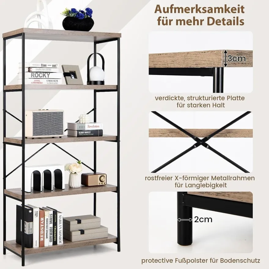 Bücherregal mit 5 Ebenen, Standregal mit Metallrahmen, freistehendes Regal, Büroregal