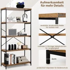 Bücherregal mit 5 Ebenen, Standregal mit Metallrahmen, freistehendes Regal, Büroregal