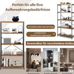 Bücherregal mit 5 Ebenen, Standregal mit Metallrahmen, freistehendes Regal, Büroregal