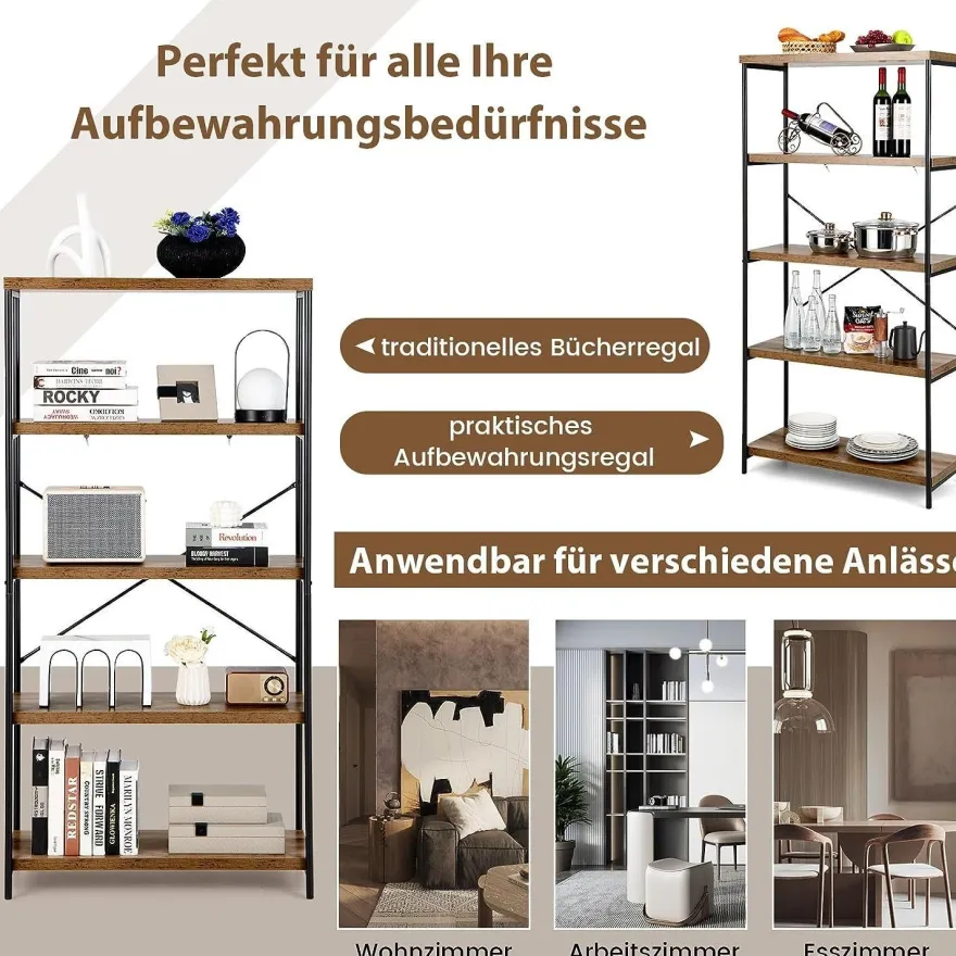 Bücherregal mit 5 Ebenen, Standregal mit Metallrahmen, freistehendes Regal, Büroregal
