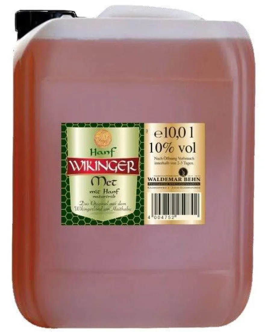 Behn Hanf Wikinger Met 10% Vol. 10 l + 4 Trinkhörner mit Ständer + 4 Tonkrüge + Hahn