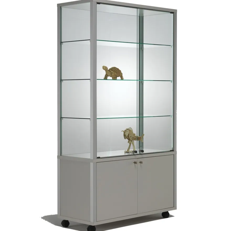 beleuchtete Alu Glasvitrine QM abschließbar & Unterschrank 100 x 50 cm Spiegel