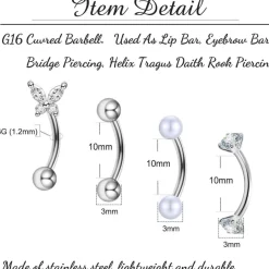 Besyvvin 4er Set Curved Barbell Piercing für Augenbrauen, Lippe, Helix, Rook