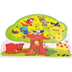 Bino & Mertens 88119 12 Teile Holz Legepuzzle Baum mit Wildtieren Tiere Baumhaus