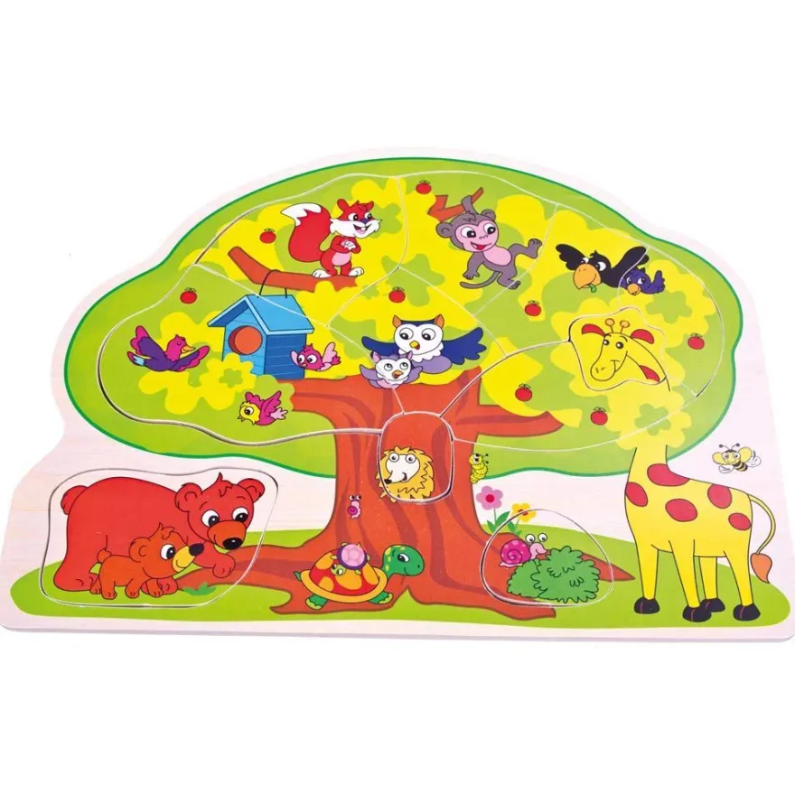 Bino & Mertens 88119 12 Teile Holz Legepuzzle Baum mit Wildtieren Tiere Baumhaus