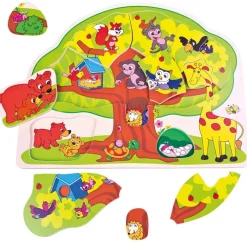 Bino & Mertens 88119 12 Teile Holz Legepuzzle Baum mit Wildtieren Tiere Baumhaus