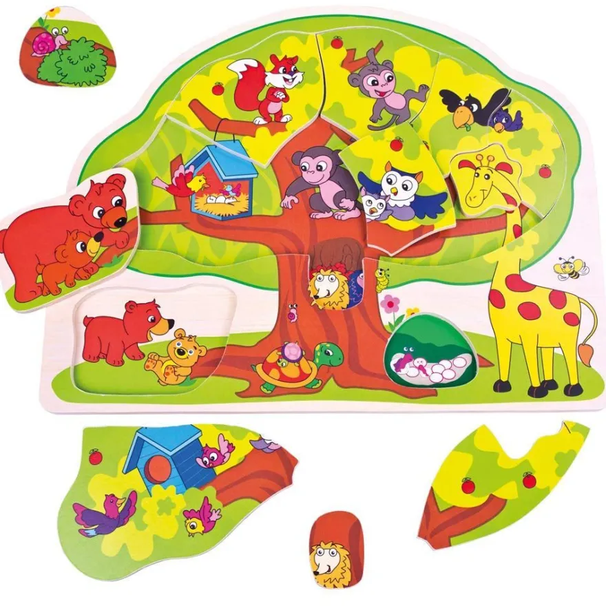 Bino & Mertens 88119 12 Teile Holz Legepuzzle Baum mit Wildtieren Tiere Baumhaus