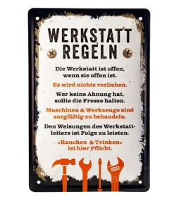 Blechschild Werkstatt-Regeln 20x30 cm Metall mit Bohrlöchern