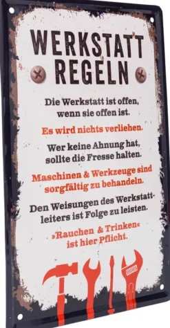 Blechschild Werkstatt-Regeln 20x30 cm Metall mit Bohrlöchern