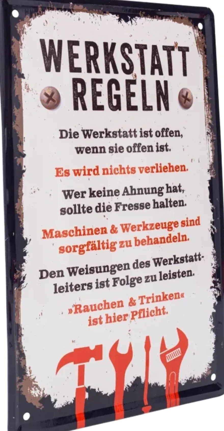 Blechschild Werkstatt-Regeln 20x30 cm Metall mit Bohrlöchern
