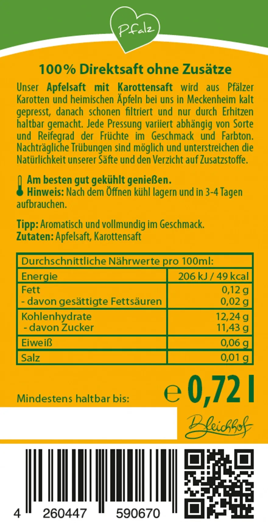 Bleichhof® Apfelsaft mit Karottensaft - Direktsaft, vegan (6x0,72l)