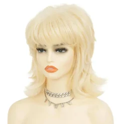 Blonde 70er 80er Lockige Schulterlange Shaggy Perücke mit Pony für Damen