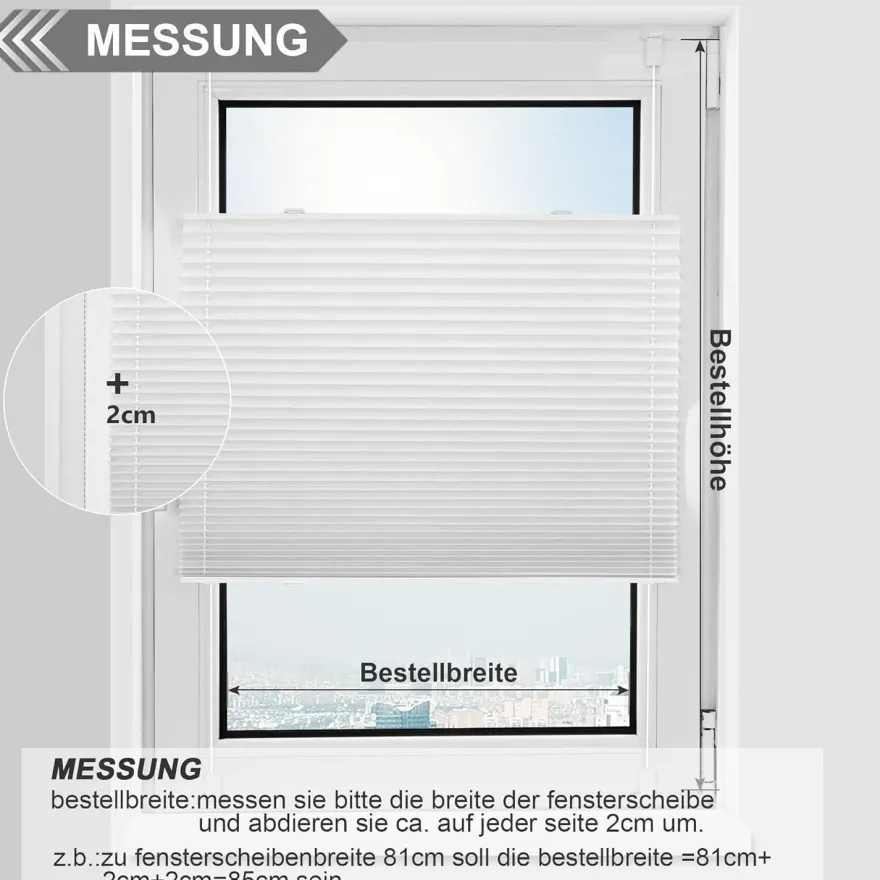 bobodeco Plissee Klemmfix Verdunkelung Weiß 65x200 cm - Einfache Montage ohne