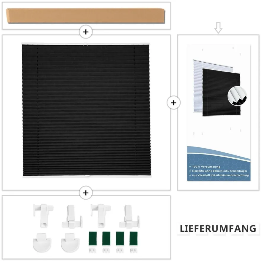 bobodeco Plissee ohne Bohren Verdunkelung Klemmfix Schwarz 90x120 cm Thermo