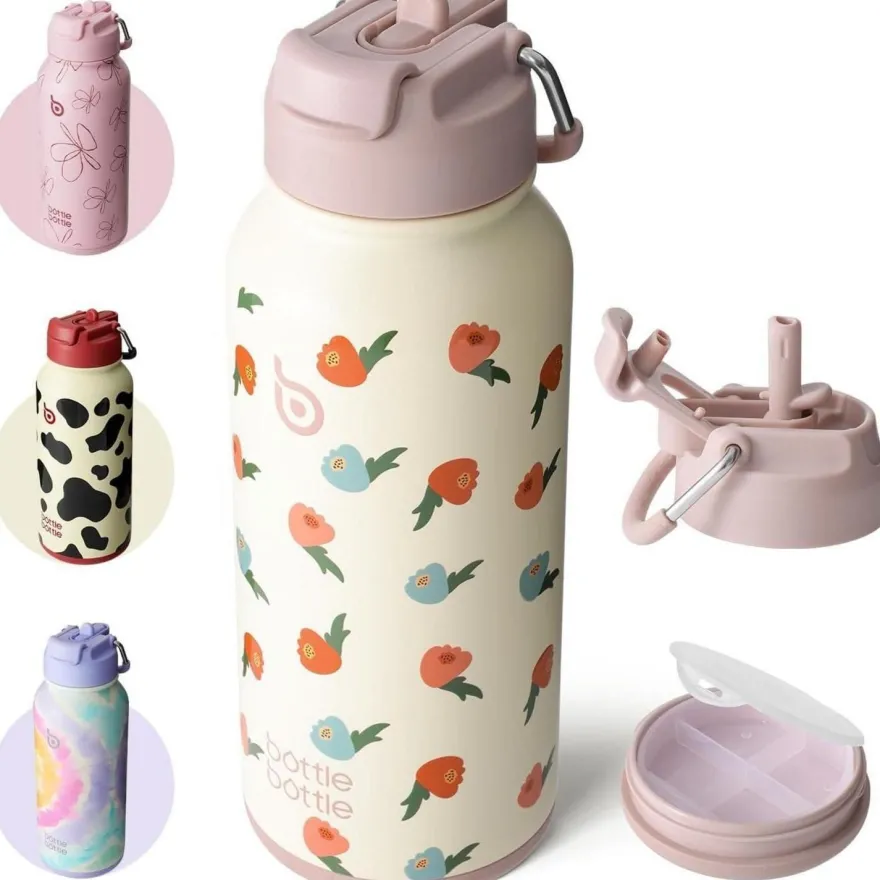 BOTTLE BOTTLE Edelstahl Trinkflasche 1L mit Strohhalm - Isolierflasche mit