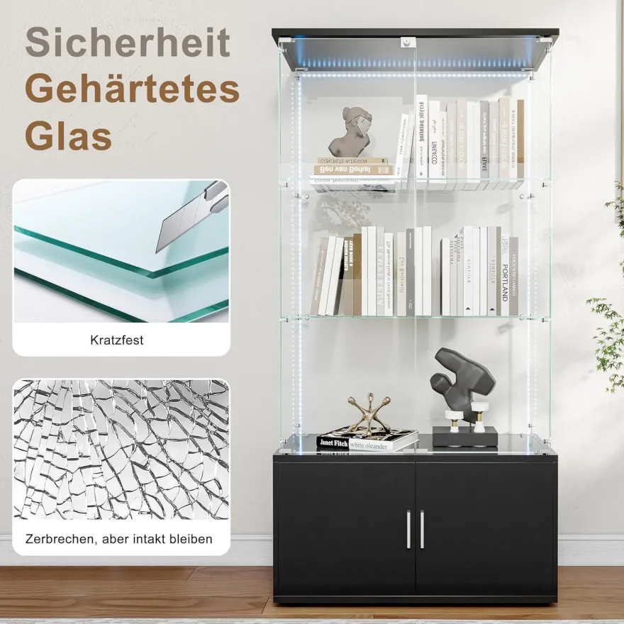 Bpkadhy Glasvitrine mit LED Beleuchtung, 2 Türen und 3 Etagen, Schwarz