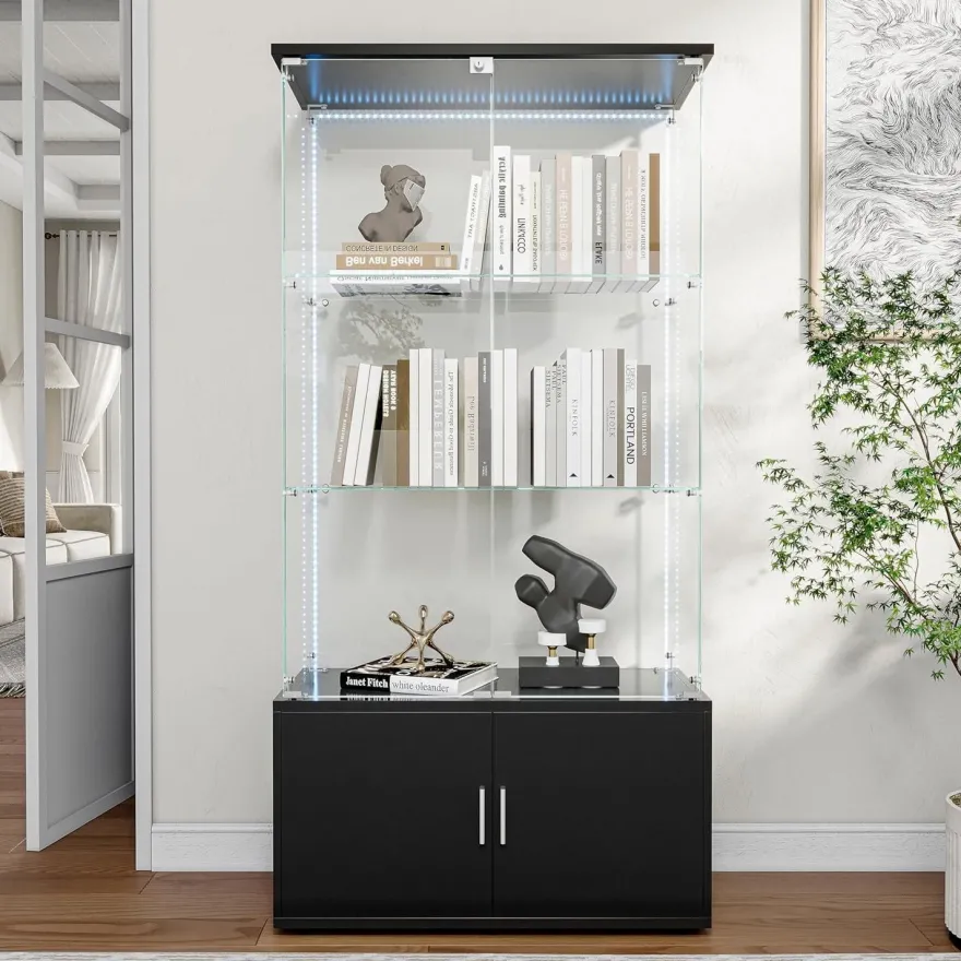 Bpkadhy Glasvitrine mit LED Beleuchtung, 2 Türen und 3 Etagen, Schwarz