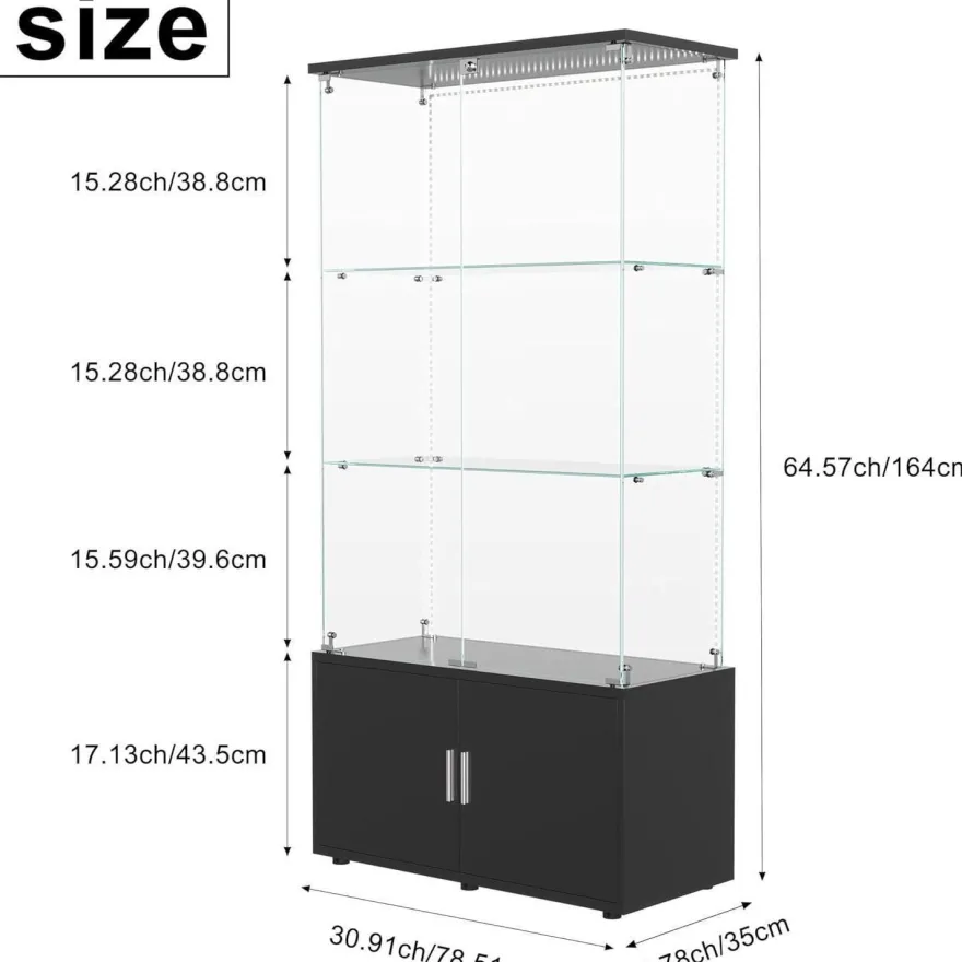 Bpkadhy Glasvitrine mit LED Beleuchtung, 2 Türen und 3 Etagen, Schwarz