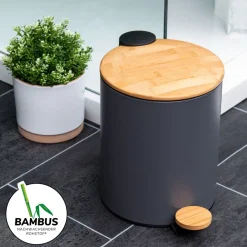 bremermann Mülleimer mit Bambus-Deckel, Bad-Abfalleimer mit Soft-Close 5 l, grau