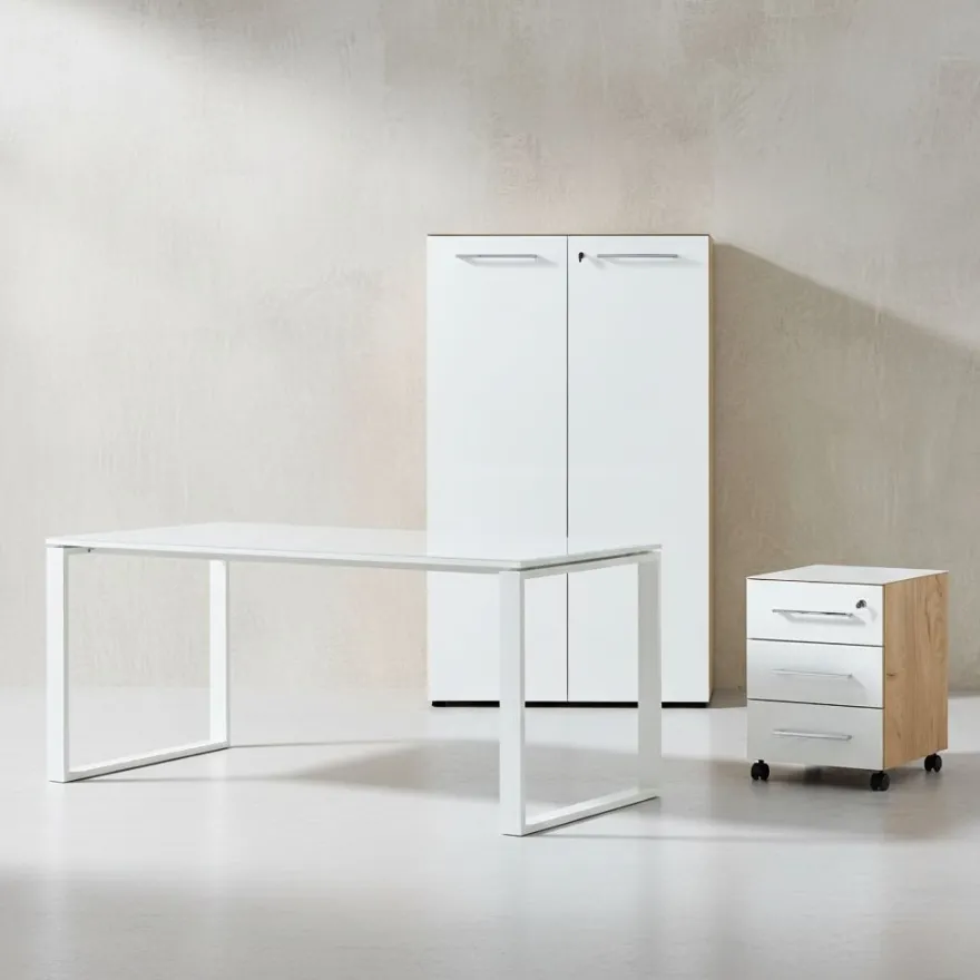 Büro-Set Muenchen 3-teilig, Schreibtisch 160x80 cm, Schrank & Container, Glasfront