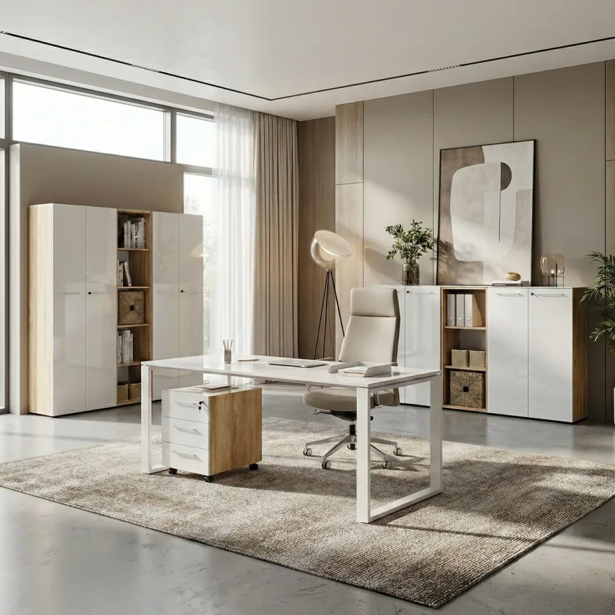 Büro-Set Muenchen 3-teilig, Schreibtisch 160x80 cm, Schrank & Container, Glasfront