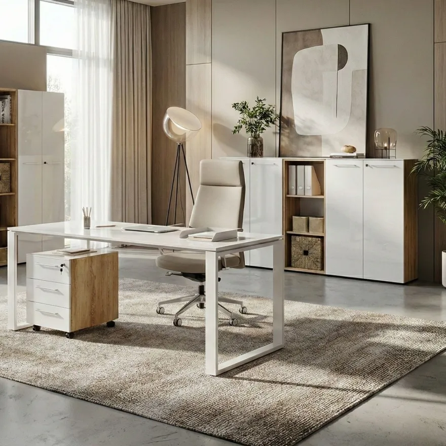 Büro-Set Muenchen 3-teilig, Schreibtisch 160x80 cm, Schrank & Container, Glasfront