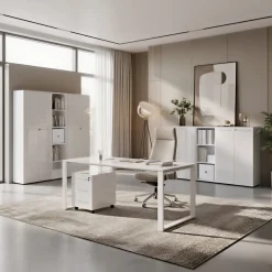 Büro-Set Muenchen 3-teilig, Schreibtisch 160x80 cm, Schrank & Container, Glasfront