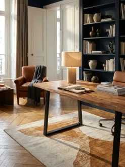 Bürotisch TARN Akazie Massivholz Baumkante Trapezbeine schwarz 120-200 cm breit