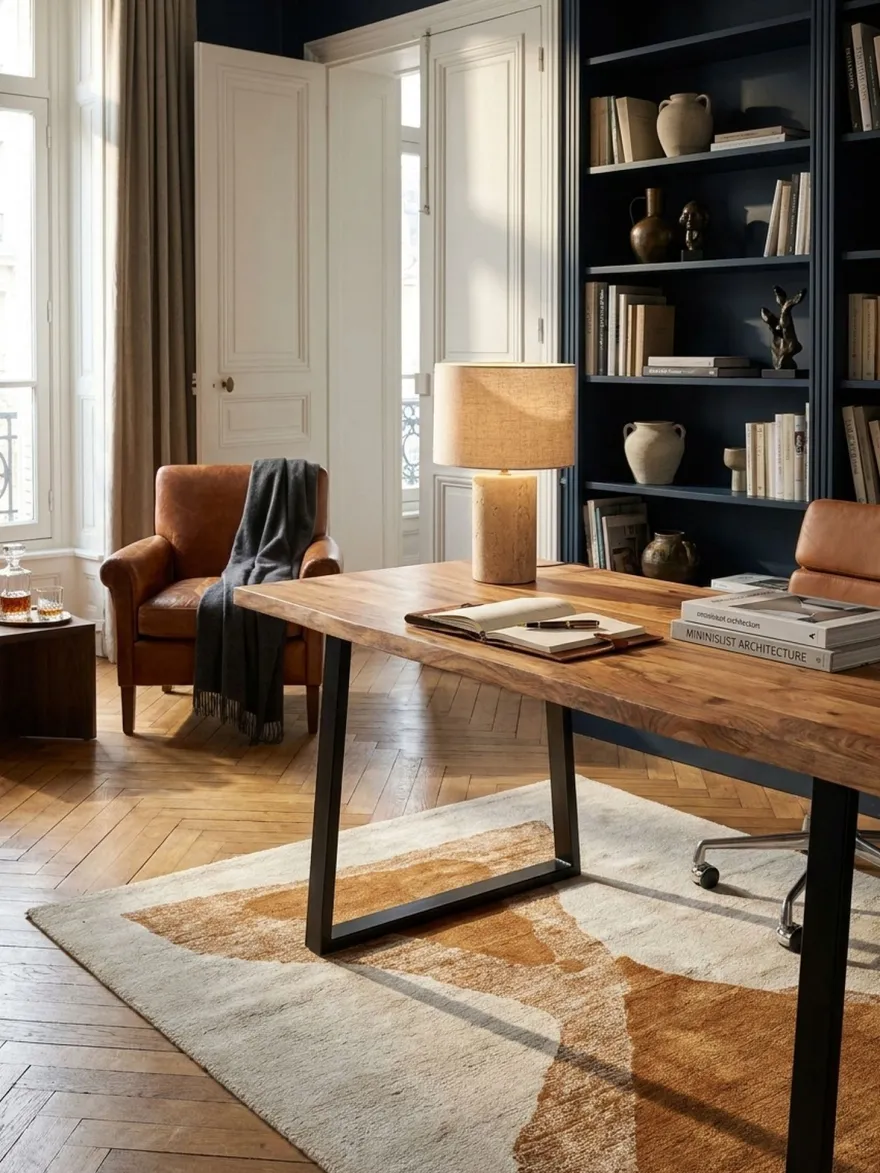 Bürotisch TARN Akazie Massivholz Baumkante Trapezbeine schwarz 120-200 cm breit