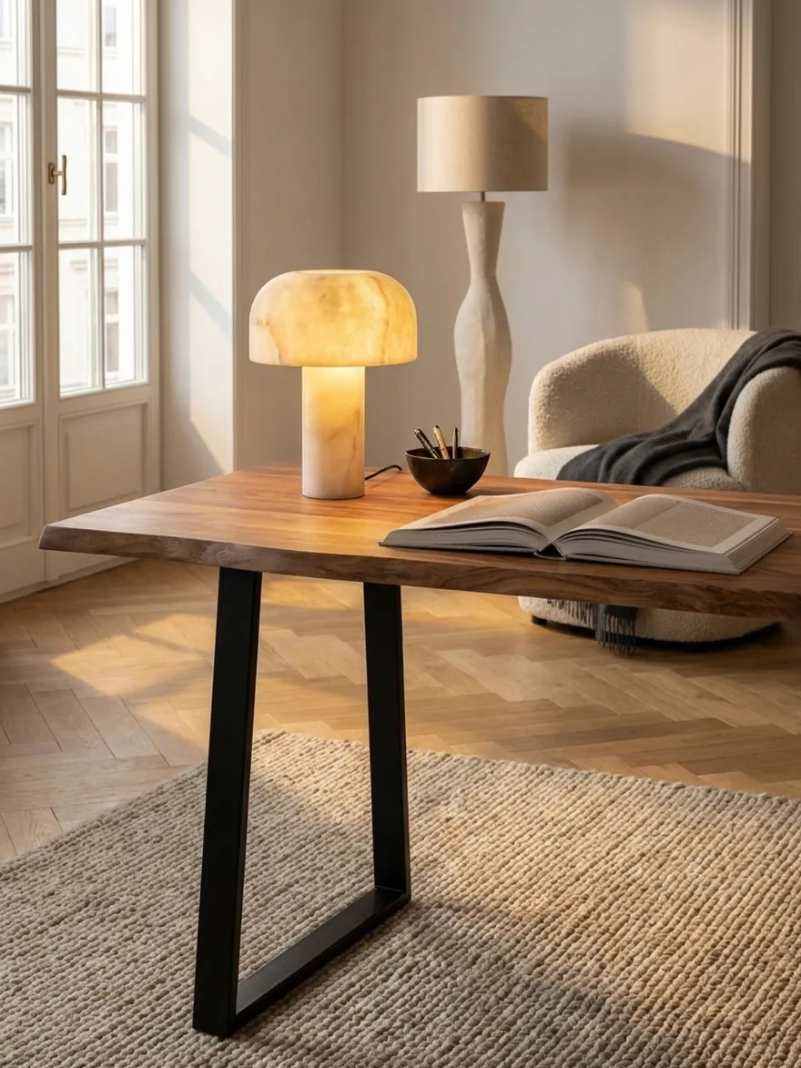 Bürotisch TARN Akazie Massivholz Baumkante Trapezbeine schwarz 120-200 cm breit