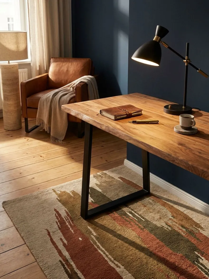 Bürotisch TARN Akazie Massivholz Baumkante Trapezbeine schwarz 120-200 cm breit
