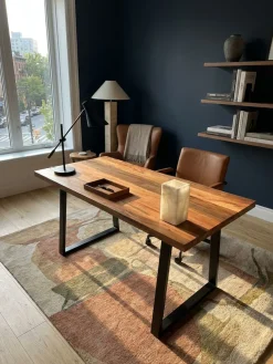 Bürotisch TARN Akazie Massivholz Baumkante Trapezbeine schwarz 120-200 cm breit