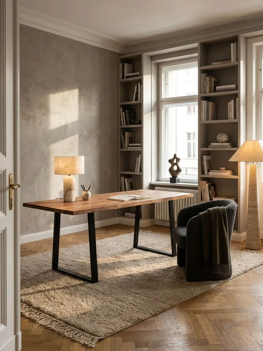 Bürotisch TARN Akazie Massivholz Baumkante Trapezbeine schwarz 120-200 cm breit