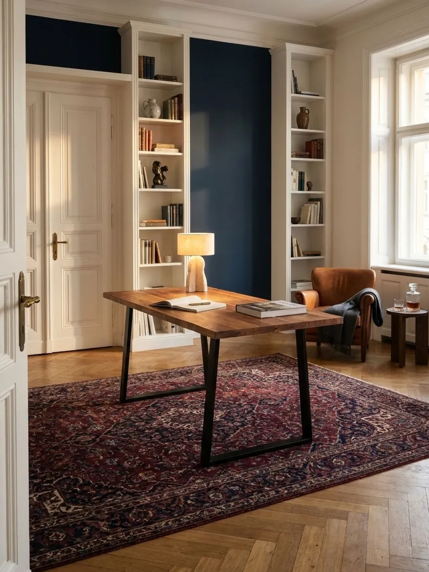 Bürotisch TARN Akazie Massivholz Baumkante Trapezbeine schwarz 120-200 cm breit