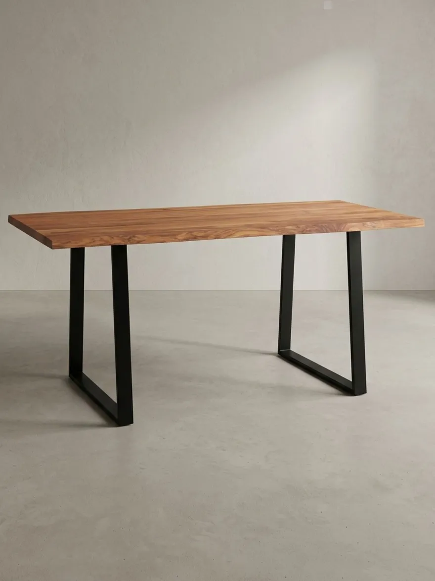 Bürotisch TARN Akazie Massivholz Baumkante Trapezbeine schwarz 120-200 cm breit
