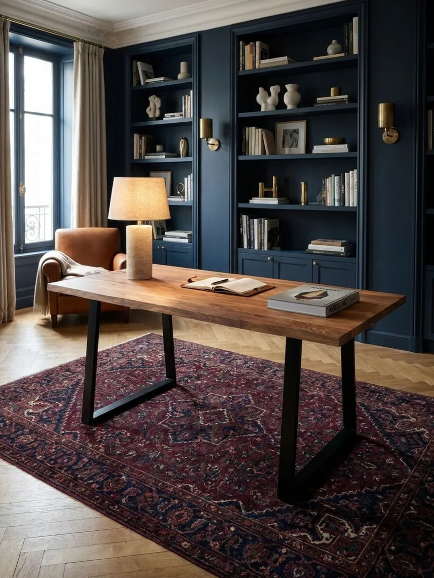 Bürotisch TARN Akazie Massivholz Baumkante Trapezbeine schwarz 120-200 cm breit