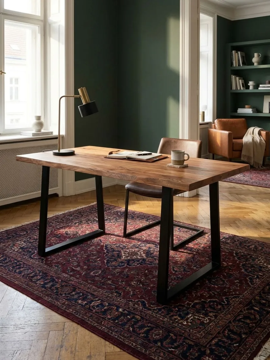 Bürotisch TARN Akazie Massivholz Baumkante Trapezbeine schwarz 120-200 cm breit