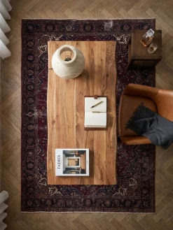 Bürotisch TARN Akazie Massivholz Baumkante Trapezbeine schwarz 120-200 cm breit