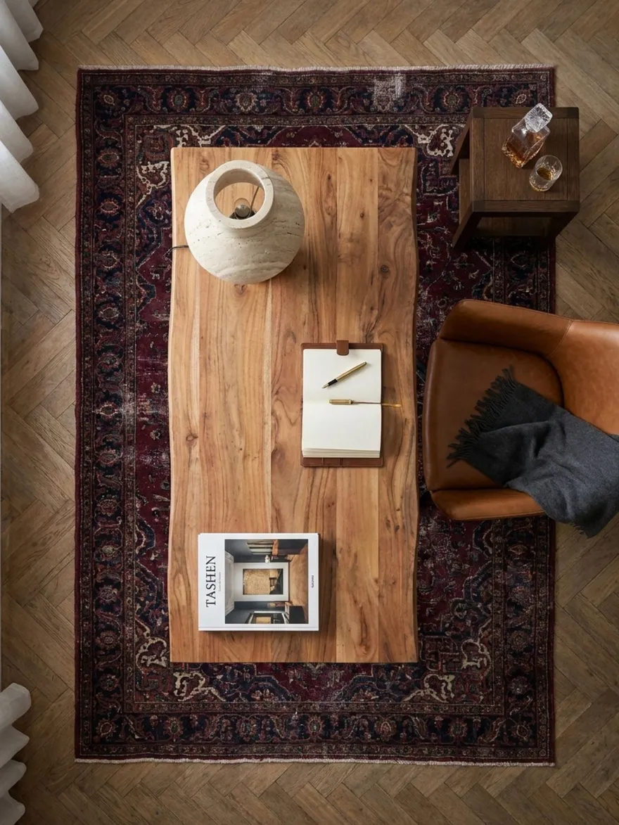Bürotisch TARN Akazie Massivholz Baumkante Trapezbeine schwarz 120-200 cm breit