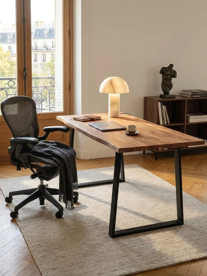 Bürotisch TARN Akazie Massivholz Baumkante Trapezbeine schwarz 120-200 cm breit